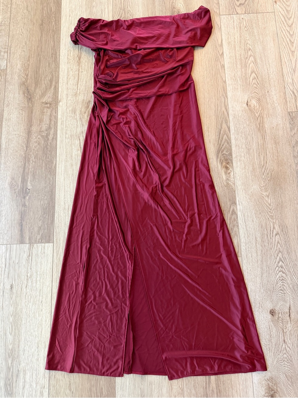 One-Shoulder Wine Red Maxi Dress with Side Ruching